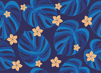 Seamless Tropical Monstera Leaf and plumeria Pattern on Blue Background, Botanical pattern, vector art