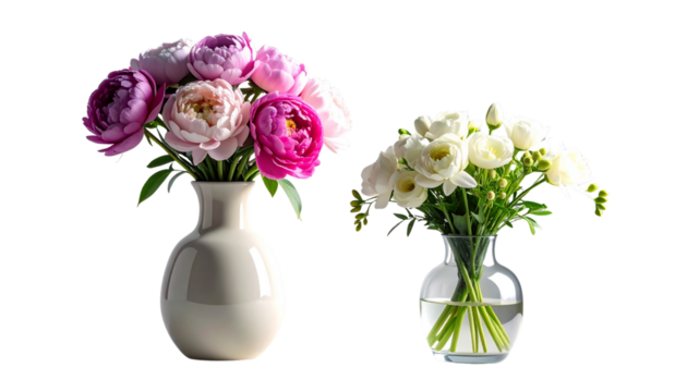 Decorative vase with flowers in lounge area isolated on transparent background