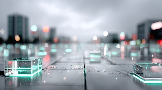 Futuristic Cityscape with Floating Holographic Cubes and Blurred Building on a Gray Tiled Surface with Sparkling Particles