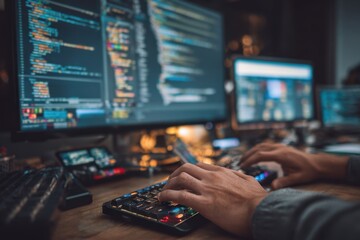 Programmer engages in software development and coding technologies focusing on website design while working on multiple computers at the office