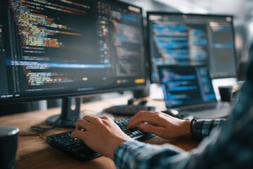 Programmer engages in software development and coding technologies focusing on website design while working on multiple computers at the office