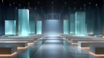 Futuristic Conference Hall With Translucent Pillars Lit Platform and Minimalist Geometric Design With Clean Lines in Blue Tones Cinematic Lighting