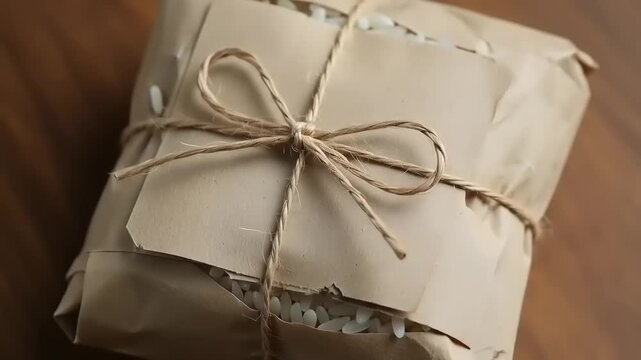 A beautifully wrapped package of rice tied with twine, resting on a wooden surface