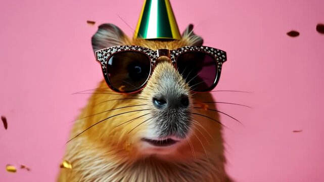 Capybara wearing rhinestone sunglasses and a party hat, celebrating a birthday or special event against a pink background with confetti