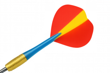 Dart with red and yellow flights close up, showcasing accuracy, recreation, and game precision on transparent background