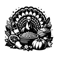 Turkey, Thanksgiving, vector illustration of a bottle of wine, grapes and autumn harvest