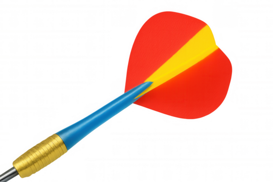 Dart with red and yellow flights close up, showcasing accuracy, recreation, and game precision on transparent background
