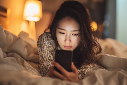 An Asian woman is using her smartphone in bed before sleeping at night highlighting mobile addiction