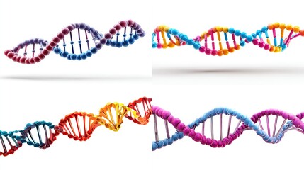 A collage showcases vibrant, 3D representations of DNA double helix structures on a white background