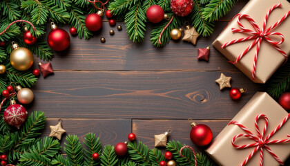 Festive Christmas flat lay featuring beautifully wrapped gifts, shiny ornaments, and lush evergreen branches. warm wooden background enhances holiday spirit and creates joyful atmosphere