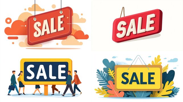 Four colorful images depicting sale signs, two with text alone and two incorporating people or nature