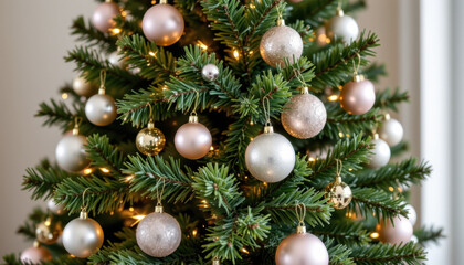 Fototapeta premium Beautifully decorated Christmas tree adorned with pink and silver ornaments, sparkling lights, and lush green branches creates festive atmosphere