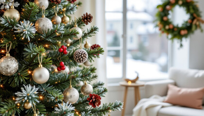Beautifully decorated Christmas tree adorned with ornaments, pinecones, and berries creates festive atmosphere in cozy living room. snowy landscape outside adds to holiday charm