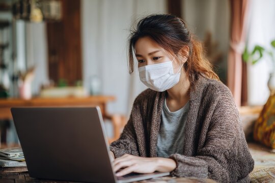 Young Asian woman participating in an online meeting with a laptop while masked at home during COVID 19 quarantine - Powered by Adobe