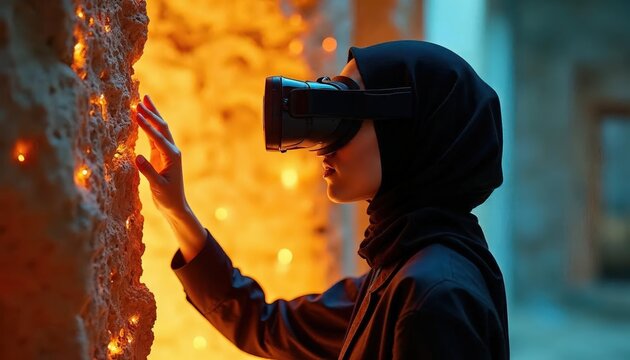 Woman Wearing Vr Headset Interacts with Glowing Textured Wall in Futuristic Environment