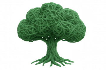 Green yarn tree shaping an abstract concept of nature, craft, and creativity with textile fibers