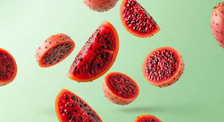 Vibrant sliced and whole prickly pears floating on a green background.