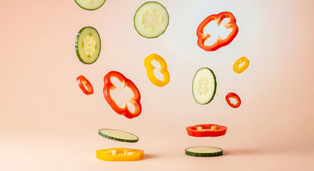 Vibrant Slices of Fresh Vegetables Floating in Air Against a Soft Pink Background.