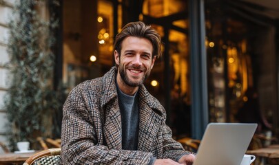 Photo of a cheerful young man in a coat using a laptop to chat online at a street cafe Theme business and technology