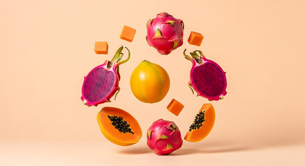 Vibrant Tropical Fruit Arrangement with Dragon Fruit Papaya and Lemon.