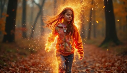Fototapeta premium Young Girl Walking Through a Magical Forest Showered in Fiery Sparks and Autumn Leaves