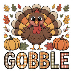 Naklejka premium Cartoon Turkey With Pumpkins and Fall Leaves Saying Gobble