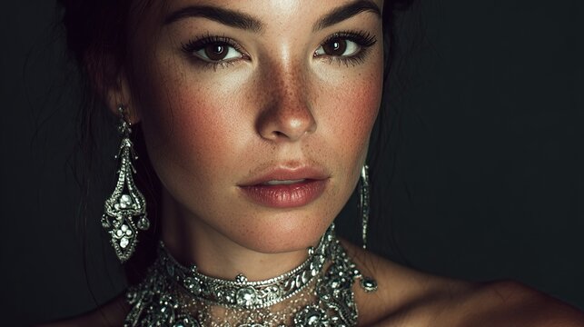 A close-up of a woman with freckles, dark eyes, and elegant jewelry against a dark background