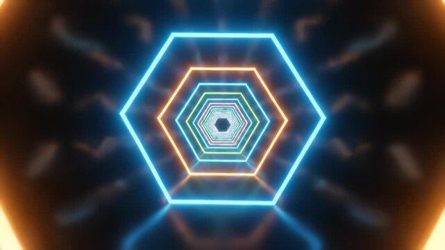 Abstract tunnel scene with neon orange and blue hexagonal lights. Interior shows a geometric pattern with bright illumination against a dark background.