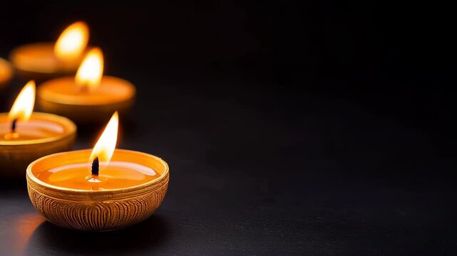 Diyas on Diwali Day, Flickering candle flame in decorative holders creates warm light for serene atmosphere