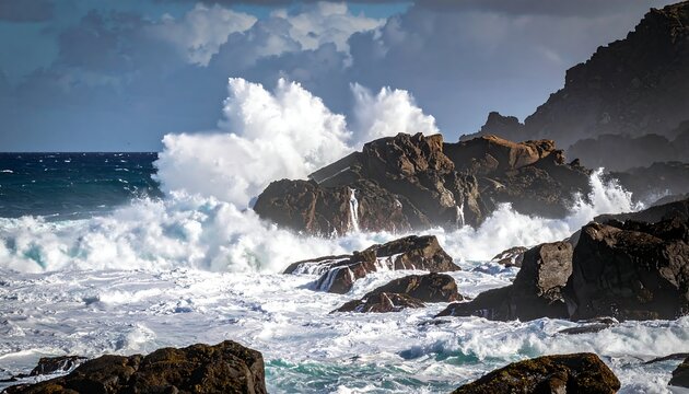 Powerful waves crashing on rocky shore (1) - Powered by Adobe