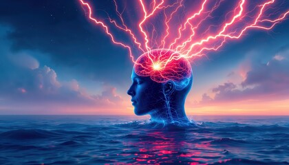 Electric Brain Concept Human Head Emerging from Water with Lightning Strikes