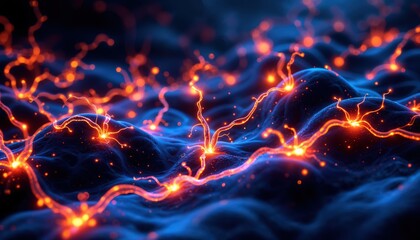 Abstract Microscopic View of Neurons Firing with Electric Orange Energy on Dark Blue Background