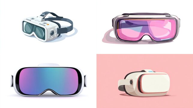 Four diverse virtual reality headset illustrations featuring various designs and color palettes