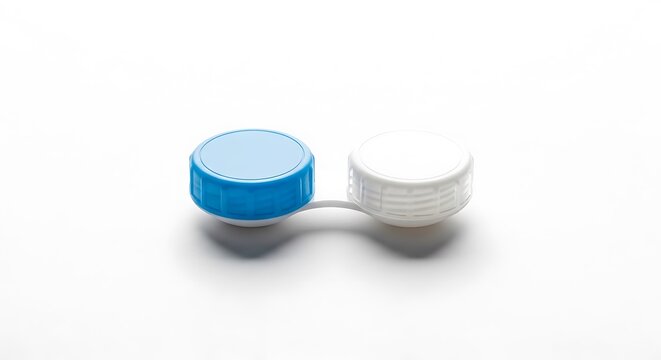 Blue and white contact lens case on white background