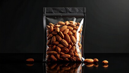 A clear plastic bag filled with whole almonds, sealed at the top, with a few almonds scattered on the reflective surface in front of it.