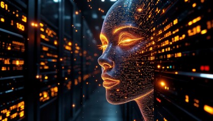 Digital Ai Face Emerging from Server Racks with Glowing Data Streams