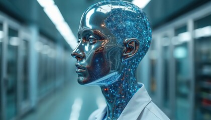 Futuristic Chrome Robot Head with Digital Circuits and Glowing Blue Particles in a Modern Corridor