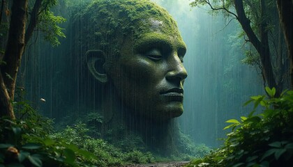 Moss covered Stone Head Emerges from Lush Forest During Heavy Rain