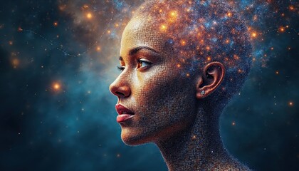Digital Womans Face Transformed into Starry Galaxy with Cosmic Particles and Nebula