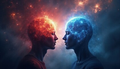 Cosmic Minds Two Human Heads Facing Each Other, One Emitting Red Nebula, the Other Blue Galaxy