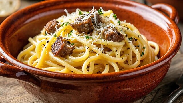 Delicious spaghetti carbonara in a terracotta bowl, topped with crispy guanciale, grated cheese, and fresh parsley