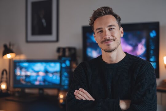 Attractive young brown haired man displaying a screen advertisement with a mockup