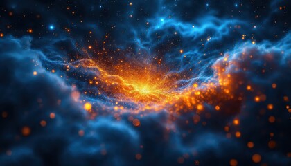 Fototapeta premium Vibrant Cosmic Nebula with Glowing Orange Particles and Blue Wisps in Deep Space
