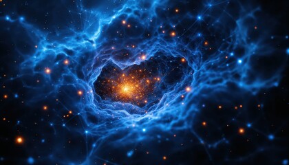 Deep Space Nebula with Glowing Stars and Interstellar Gas Clouds Forming a Tunnel