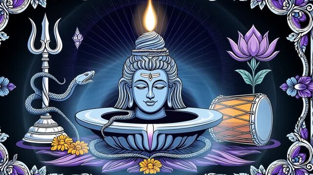 Meditating Lord Shiva's head with a flame on his hair, embracing spirituality and balance, surrounded by symbolic elements