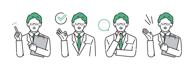 イラスト素材【介護イメージ】：様々なポーズをとる医師の男性・シンプルタッチ