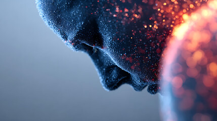 Close-up of a Person With a Textured Face Illuminated by Glowing Particles in a Dark Setting