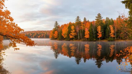 enchanting autumn landscape featuring calm misty lake reflecting dense forest Brilliant orange and yellow deciduous trees intermingle with dark green evergreens under soft sky - Powered by Adobe