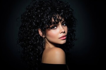 Fototapeta premium Portrait of a stunning woman with curly black hair on a dark backdrop Studio image