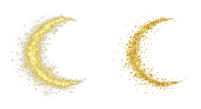Sparkling golden crescent moon isolated on transparent background for ramadan or eid